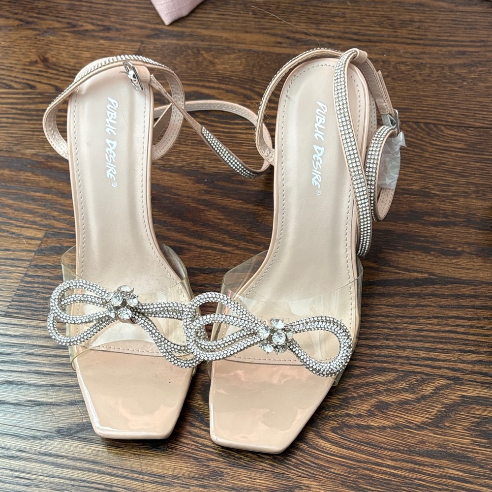 Public Desire Beige Strappy Heels with Rhinestones